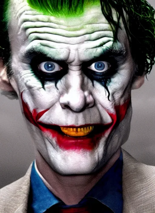 Image similar to film still of Jim Carrey as The Joker in The Dark Knight, 4k
