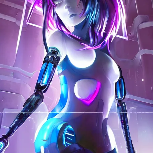 Image similar to A beautiful painting of a cyberpunk anime girl with purple hair and an a huge robot arm sensual stare, augmentations and cybernetic enhancements neon circuits, by Stanley Artgerm Lau, WLOP, Rossdraws, James Jean, Andrei Riabovitchev, Marc Simonetti, and Sakimichan, trending on artstation, hyperrealist, cinema4D, 8k highly detailed ❤️‍🔥 🔥 💀 🤖 🚀