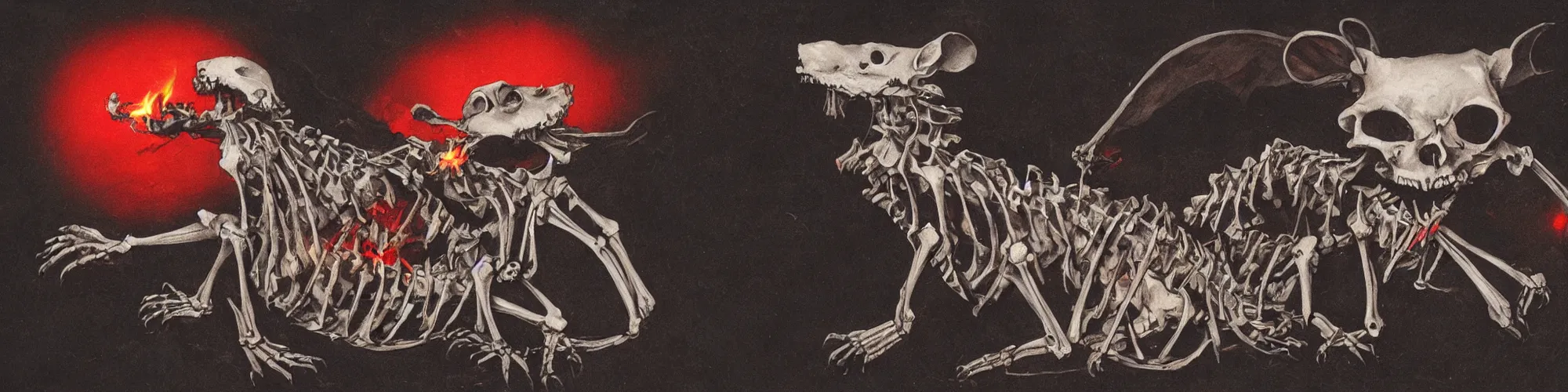 Prompt: a rat skeleton with glowing red eyes wearing black tattered robes and holding two blue flames