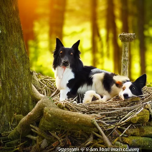 Prompt: a border collie protecting a fledgling in a nest in a forest, beautiful, golden hour, impressionist