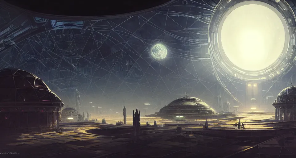 Image similar to cinematic shot, futuristic city on the moon inside a giant geodesic dome, utopian, night, stars, digital painting, artstation, concept art, smooth, sharp focus, illustration, intricate, elegant, highly detailed, in the style of greg rutkowski and alphonse mucha and artemisia, 8 k, highly detailed, jurgens, rutkowski