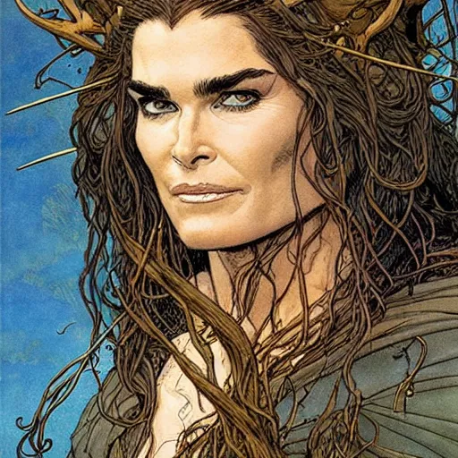 Prompt: a realistic, very beautiful and atmospheric portrait of brooke shields as a druidic warrior wizard looking at the camera with an intelligent gaze by rebecca guay, michael kaluta, charles vess and jean moebius giraud