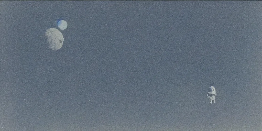 Prompt: polaroid photo of spacemen landing on a blue moon, slight color bleed, grain