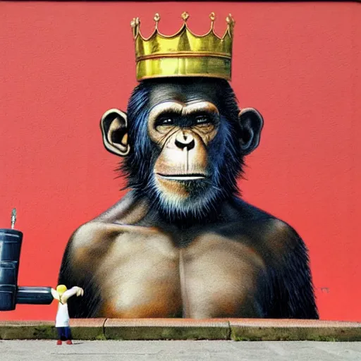 Prompt: casual by peter elson. a street art that features a chimpanzee surrounded by a castle turret. the chimp is shown wearing a crown & holding a scepter, & the castle is adorned with banners.