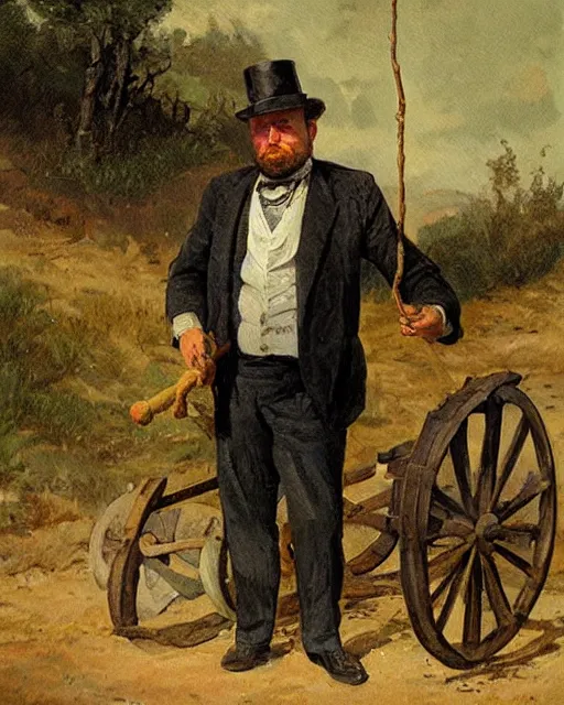 Prompt: Alex Jones is selling snake oil. he is wearing a cylinder hat and holds a stick and a bottle in his hands. there is a wagon in the background loaded with snake oil. painting by Alfred Waud