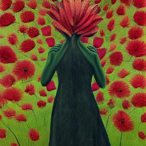 Image similar to huge flower as head, woman walking in a field, surreal, flat light, painting, digital painting, artstation, georgia o'keeffe