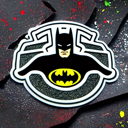 Image similar to die cut sticker, batman breakdancing in techwear splatter paint