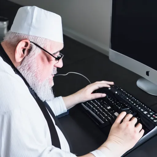 Image similar to a fat old man with a white beard typing on a mechanical keyboard in front of a computer, detailed,