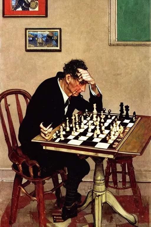 Image similar to franco battiato playing chess painted by norman rockwell