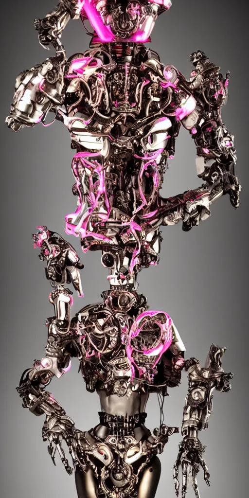 Prompt: full-body baroque and cyberpunk style sculpture of a young seductive Hispanic prince half android with a chest exposing a glowing gemstone battery and a CRT monitor face, glowing pink seductive laser eyes, crown of blue gears and diamonds, swirling salmon-colored silk fabric, robotic raptors dinosaurs. baroque elements. full-length view. intricate artwork by caravaggio. art by Artgerm and Greg Rutkowski and Alphonse Mucha, Trending on artstation, cinematic industrial lighting, hyper realism, octane render, 8k, depth of field, 3D