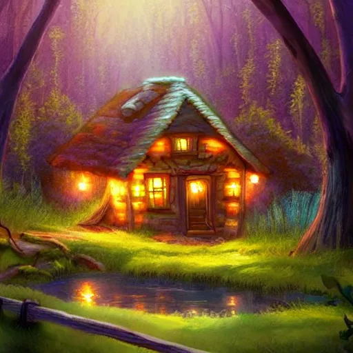 Image similar to a disney background art painting, an old cottage in a beautiful forest, soft light, disney concept art, the art of pixar,