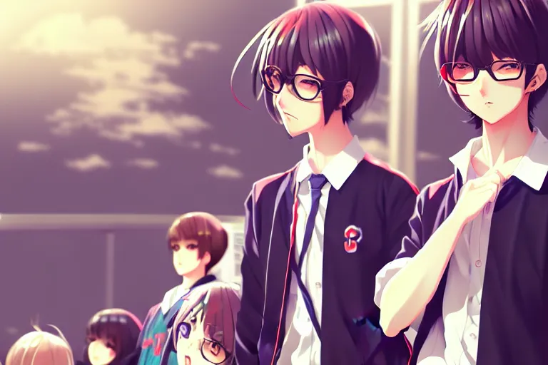 Prompt: boy's love anime high school scene spring setting, high detail concept art, perfect proportions, realistic shaded lighting poster smooth sharp tones, ilya kuvshinov, makoto shinkai, loish and clamp style, trending on art station, best selling