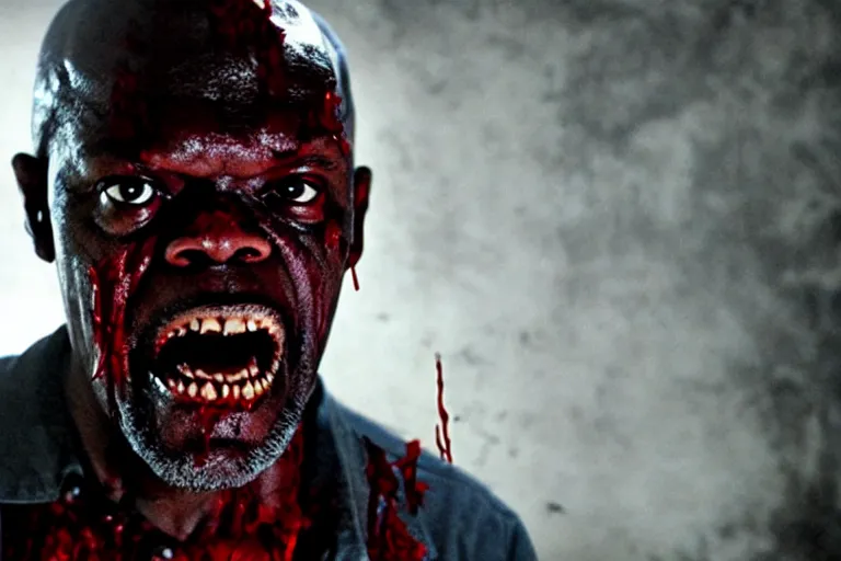 Image similar to samuel l. jackson as a zombie, blood, decay, cinematic lighting, portrait, medium shot, horror movie still