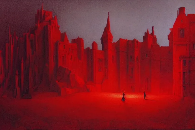 Image similar to only with red, in a red dream world, a crimson tiger, a castle in the background, medieval demons, in the style of beksinski, part by hopper, part by rodcenko, part by hofbauer, intricate composition, red by caravaggio, insanely quality, highly detailed, masterpiece, red light, artstation