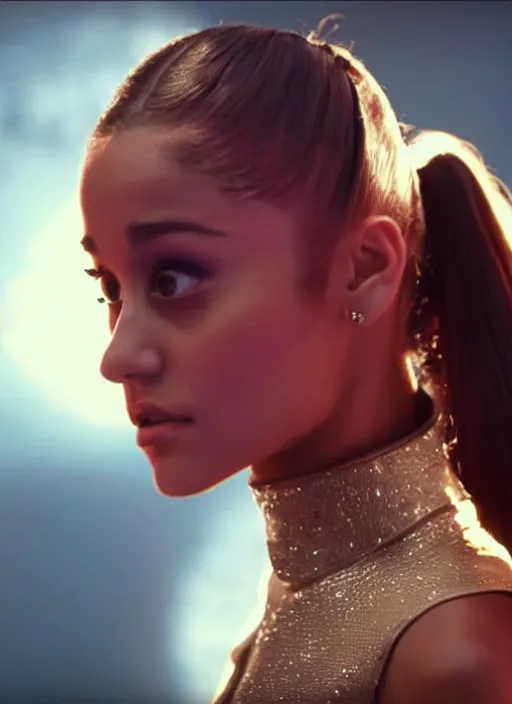 Prompt: a beautiful still of Ariana Grande in a stars wars film, dramatic, cinematic lighting