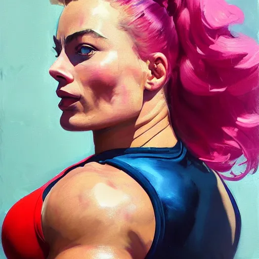 Image similar to greg manchess portrait of margot robbie as thick very muscular weightlifter zarya from overwatch with ponytail and curly pink hair, eyes closed, medium shot, asymmetrical, profile picture, organic painting, sunny day, matte painting, bold shapes, hard edges, street art, trending on artstation, by huang guangjian and gil elvgren and sachin teng