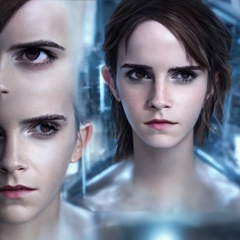 Image similar to scifi emma watson looks like ghost in the shell, extremely high detail, high detailed face, smiling woman, cyborg, photorealism, emma watson, sony a 7 r