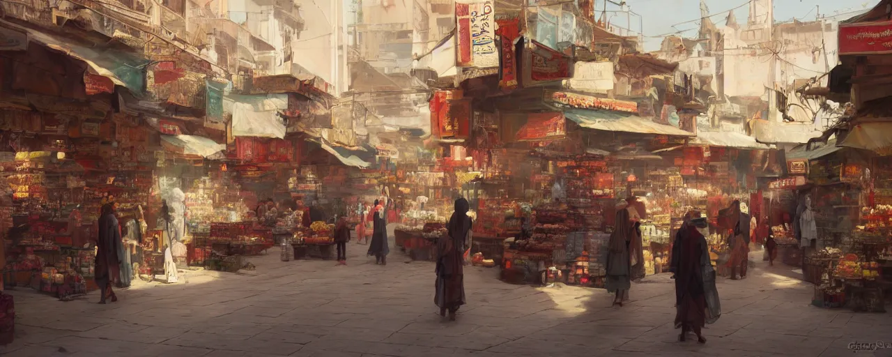 Prompt: Oriental market in Casablanca, mysterious vendors, by Greg Rutkowski, ArtStation, CGSociety, Unreal Engine