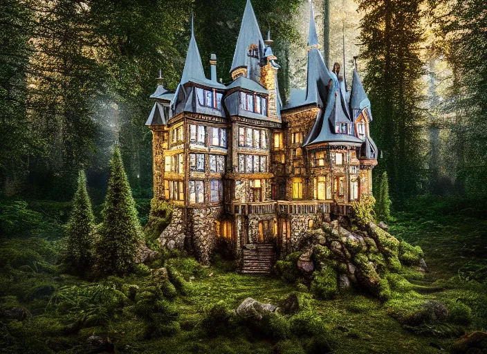 Prompt: photo of a glass box with a castle inside, in the forest. Fantasy magic style. Highly detailed 8k. Intricate. Nikon d850 55mm. Award winning photography.