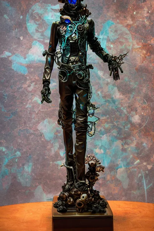 Prompt: full-body cyberpunk style bronze statue of a young handsome Spanish prince half android with a chest opening exposing circuitry and a sparking motherboard, glowing blue eyes, crown of peach roses, flowing teal-colored silk, fabric, flowers. baroque elements, human skull. full-length view. baroque element. intricate artwork by caravaggio. many many birds birds on background. Trending on artstation, octane render, cinematic lighting from the right, hyper realism, octane render, 8k, depth of field, 3D