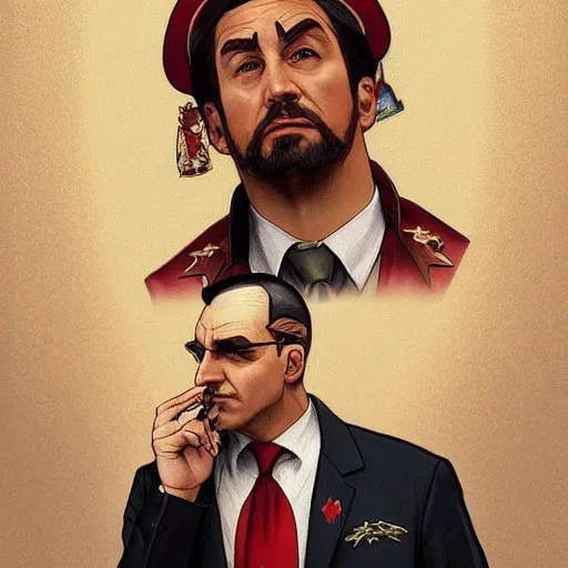 Image similar to [RiffRaff as the president of Canada as a GTA character, propaganda, closeup, D&D, intricate, elegant, highly detailed, digital painting, artstation, concept art, matte, sharp focus, illustration, art by Artgerm and Greg Rutkowski and Alphonse Mucha]