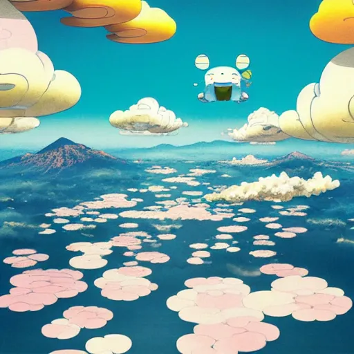 Image similar to a man walking on clouds above kyoto by takashi murakami, beeple and james jean, aya takano color style, 4 k, super detailed