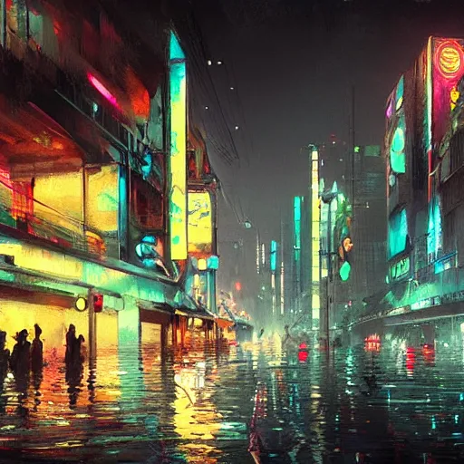 Image similar to concept art of a city flooded with neon lights, by greg rutkowski