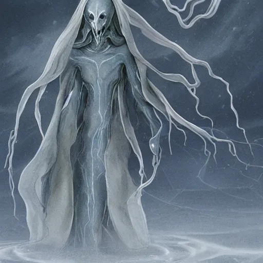 Image similar to concept designs for an ethereal ghostly wraith like figure with a squid like parasite latched onto its head and long tentacle arms that flow lazily but gracefully at its sides like a cloak while it floats around a frozen rocky tundra in the snow searching for lost souls and that hides amongst the shadows in the trees, this character has hydrokinesis and electrokinesis for the resident evil village video game franchise with inspiration from the franchise Bloodborne as a muppet from sesame street, photo realistic, photography, sesame street, bloodborne, resident evil