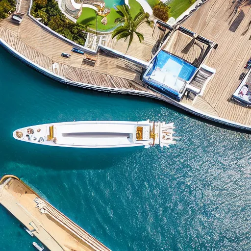 Image similar to gold plated mega yacht with two swimming pools and a helicopter landing pad, drone shot, docked at harbor, clear and focused, elegant, photograph