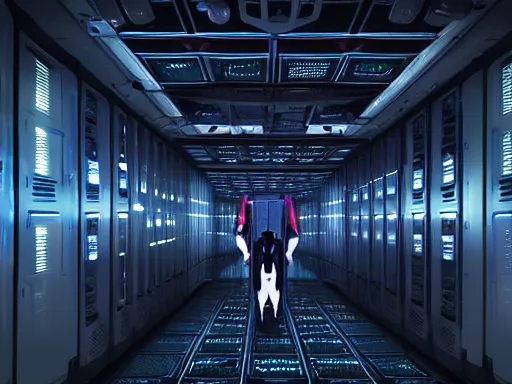 Image similar to symmetrical anthropomorphic android working in sci - fi data center room. cinematic shot from alien isolation