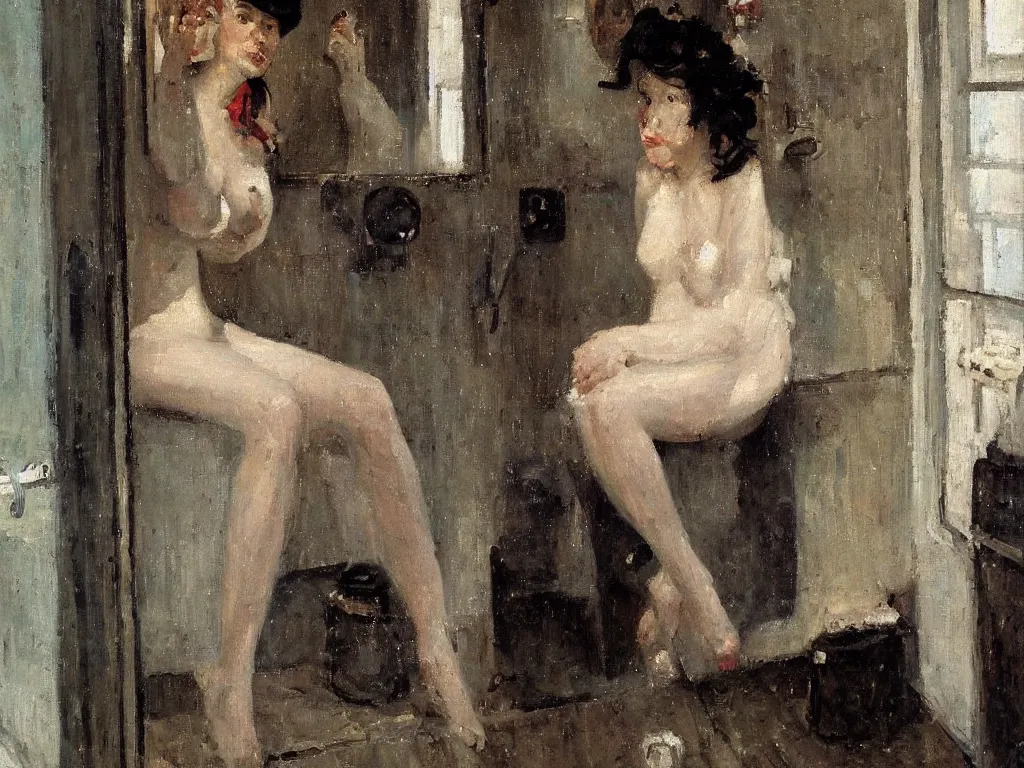 Prompt: portrait of a lady in the shower, painting by stanhope forbes, oil on canvas