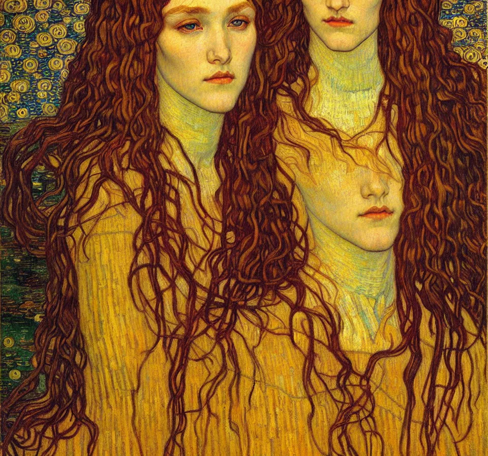 Image similar to detailed realistic beautiful young medieval queen face portrait by jean delville, gustav klimt and vincent van gogh, art nouveau, symbolist, visionary, gothic, pre - raphaelite, muted earthy colors, desaturated