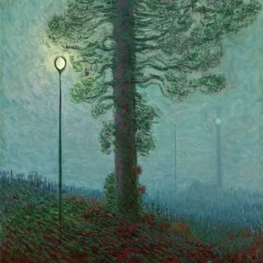 Prompt: Moon on a lamppost in the forest by Simon Stålenhag and Claude Monet, oil on canvas