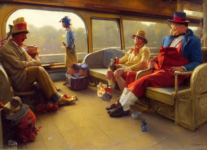 Image similar to a clown selling goodies on the train, highly detailed painting by gaston bussiere, craig mullins, j. c. leyendecker 8 k