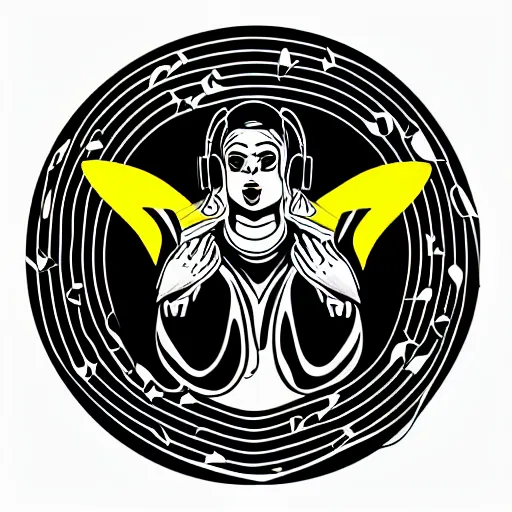 Prompt: svg vector sticker of absolutely divine-deity-angel, rocking out, wearing headphones, huge speakers, dancing, rave, DJ, spinning records, digital art, amazing composition, rule-of-thirds, award-winning, trending on artstation, featured on deviantart, uncropped, white-space, far-back, complete-subject