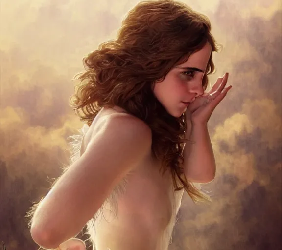 Image similar to photography of emma watson with hands - up and hairy armpits, deep focus, intricate, elegant, highly detailed, digital painting, artstation, concept art, matte, sharp focus, illustration, art by artgerm and greg rutkowski and alphonse mucha and gil elvgren