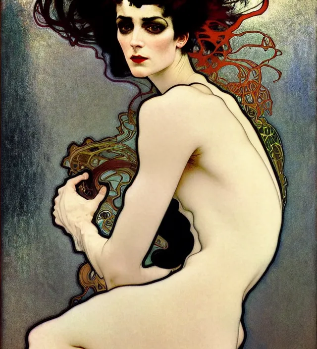 Image similar to stunning portrait of highly details androgynous e as desire from sandman, rockabilly style, white suit and black tie,, by egon shiele and alphonse mucha, with influence of jeremy mann, peter lindbergh, dave mckean, maurice sapiro, and frank moth, soft lightning, highly detailed, 8 k
