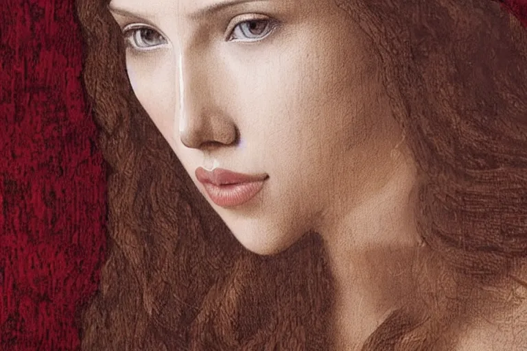 Image similar to a beautiful portrait of scarlett johansson painted by leonardo da vinci