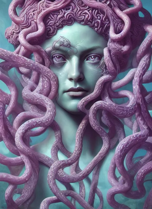 Image similar to medusa wax sculpture, art nouveau swirls, strong subsurface scattering, in the style of james jean and tomasz alen kopera, mystical colors, rim light, soft lighting, 8 k, stunning scene, raytracing, octane render, trending on artstation