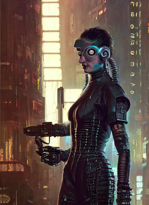 Prompt: aunt bea as a cyberpunk assassin in a cyberpunk stealth suit ( blade runner 2 0 4 9, cyberpunk 2 0 7 7 ). orientalist portrait by john william waterhouse and james gurney and theodore ralli and nasreddine dinet, oil on canvas. cinematic, hyper realism, realistic proportions, dramatic lighting, high detail 4 k