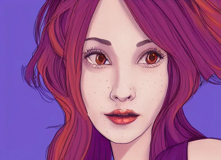 Prompt: portrait Girl with orange hair and freckles, purple background, cute-fine-face, pretty face, fine details. realistic shaded lighting by disney style,