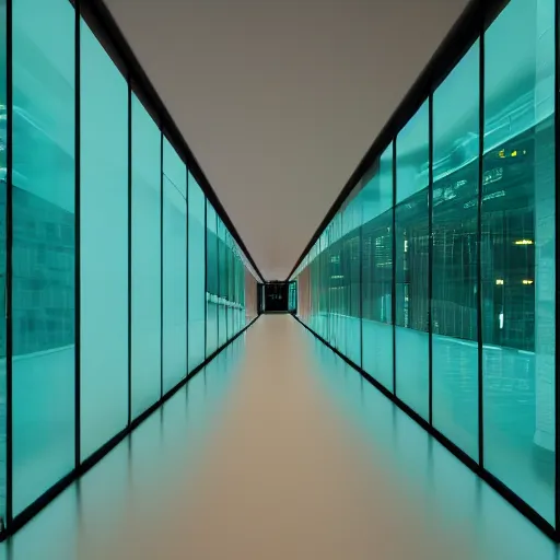 Prompt: a long hallway with glass walls, looking into rooms filled, with dozens of researchers, and science experiments, artwork and machines, cinematic teal, dark, hbo, highly realistic, octane render, architectural render, atmospheric, 4k