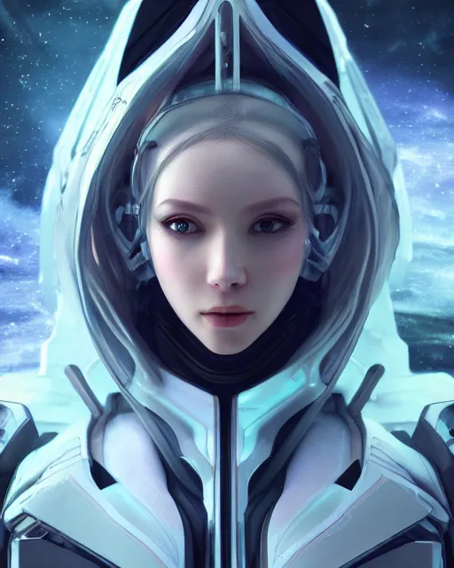 Image similar to photo of a android girl on a mothership, warframe armor, beautiful face, scifi, hood, futuristic background, galaxy raytracing, masterpiece, ethereal, beauty, long white hair, blue cyborg eyes, cosmic wind, priestess, 8 k high definition, insanely detailed, intricate, innocent, art by akihiko yoshida, antilous chao, woo kim