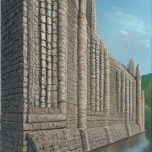 Prompt: [ castellated ashlar astride river by john howe and by daniel falconer and by don maitz ], image is of a type of stone architecture called castellated ashlar. it is characterized by its symmetrical design and clean, sharp lines, matte painting