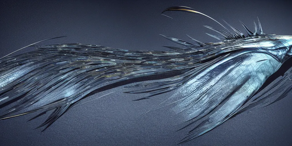 Image similar to sailfish, stylized layered textures, long flowing fins, bioluminescent orbs, 3 d render, substance painter, glowing eye, smooth, sharp focus, art by h r giger