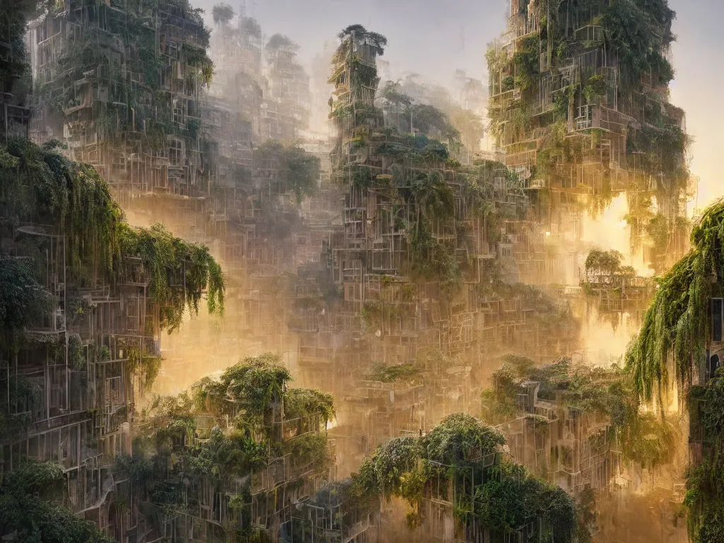 Image similar to the green city of babylon with its wonderful hanging gardens at dawn, intricate, elegant, volumetric lighting, digital painting, highly detailed, artstation, sharp focus, illustration, concept art, ruan jia, steve mccurry