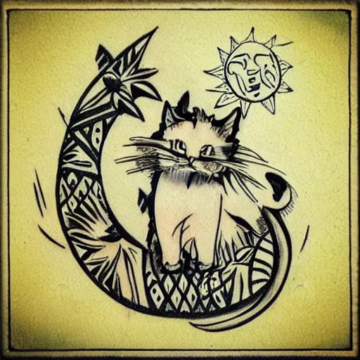 Image similar to tattoo sketch on yellow paperp, polynesian style, cat hugging the sun, maori