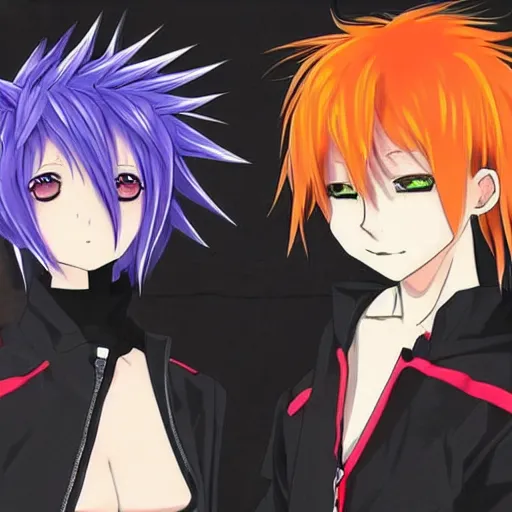Image similar to orange - haired anime boy, 1 7 - year - old anime boy with wild spiky hair, standing next to 1 7 - year - old pale - skinned persian girl with black long bob cut, long bangs, black gothic jacket, ultra - realistic, sharp details, subsurface scattering, blue sunshine, intricate details, hd anime, 2 0 1 9 anime