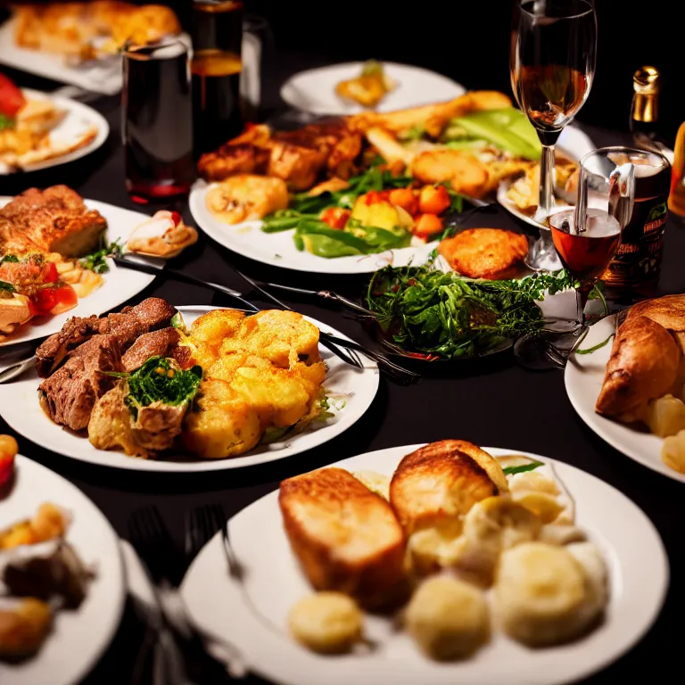 Prompt: close - up focused dslr photograph of an german dinner, 8 k, high detail, volumetric lighting, hyperrealism, aesthetically pleasing, studio lighting, trending