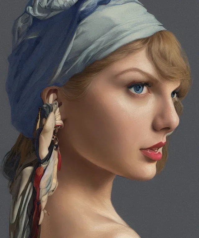 Image similar to Taylor Swift as the girl with the pearl earring, highly detailed, digital painting, artstation, concept art, smooth, sharp focus, illustration, ArtStation, art by artgerm and greg rutkowski and alphonse mucha and J. C. Leyendecker and Edmund Blair Leighton and Katsuhiro Otomo and Geof Darrow and Phil hale and Ashley wood and Ilya repin and Charlie Bowater